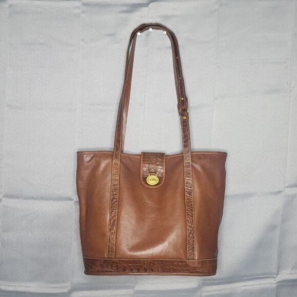 Vintage Brahmin Tote Brown Tuscan Leather Croc Trim Detail Shoulder Bag Rustic - Picture 1 of 10